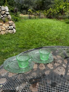 Vintage-Style Pressed Glass Cup & Saucer Set in Light Green - 2-Piece Serveware